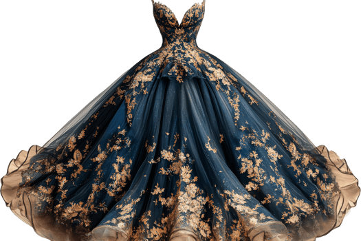 Elegant navy blue gown with gold embroidery design png