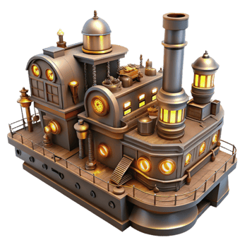 serene minimalist Steampunk Factory Ship 3D Model high resolution png