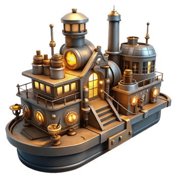 serene traditional Steampunk Houseboat 3D Render high resolution png