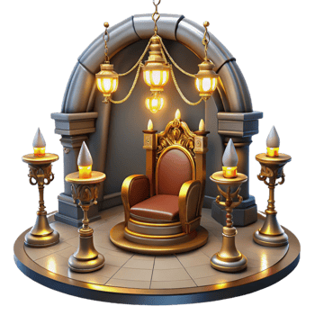 magnificent abstract Royal Throne 3D Render, Golden Chair, Archway, Candles professional png