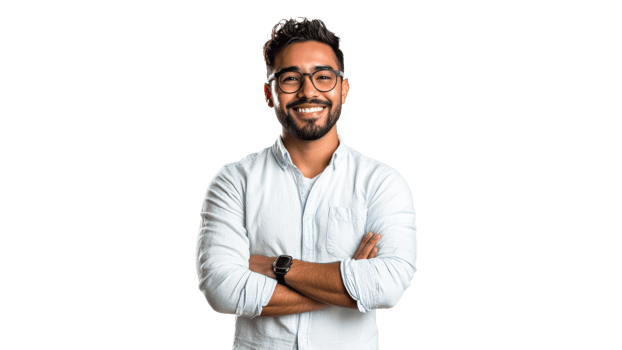 Smiling man in casual attire with arms crossed png