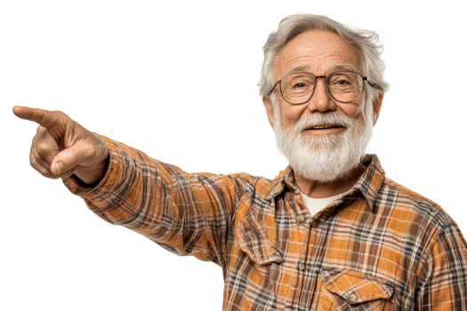 Elderly man smiles, points to future png