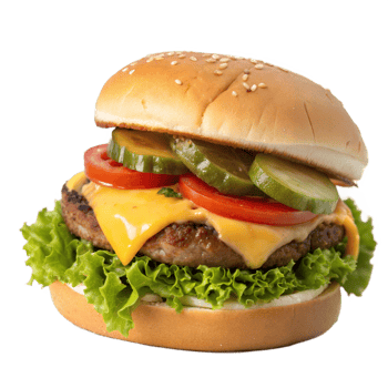 A hamburger with cheese, tomatoes and lettuce png