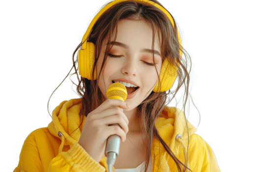 Young woman sings joyfully with yellow headphones png