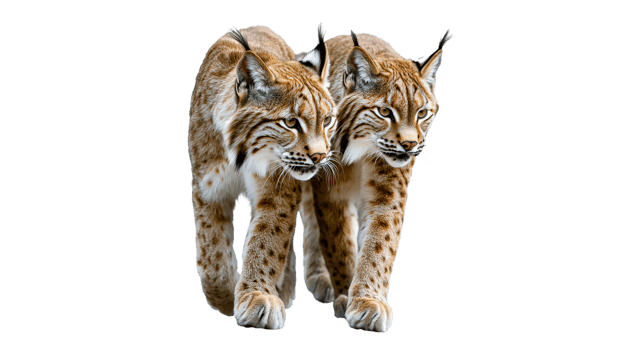 Two lynxes walking side by side in nature png