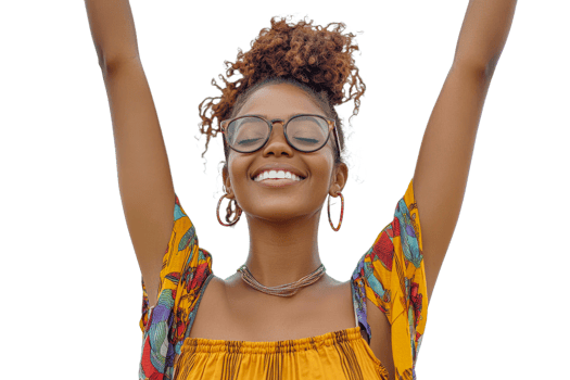 Joyful woman celebrates with arms raised outdoors png