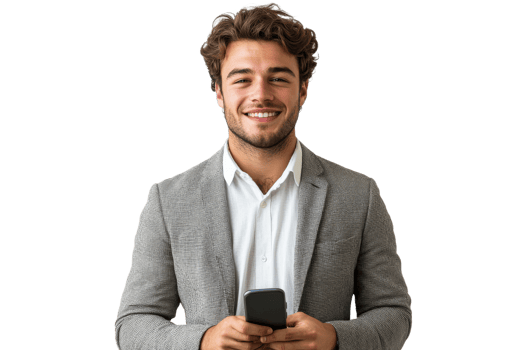 Young man smiling while holding a smartphone transparent png
