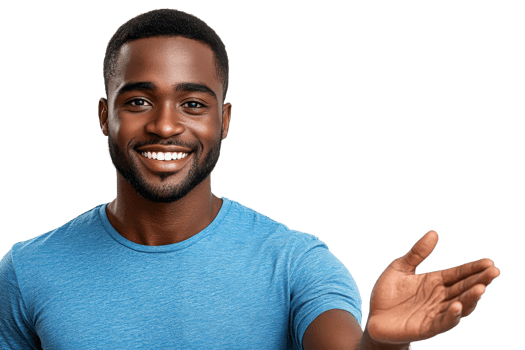 Smiling man gesturing with open hand in blue shirt png
