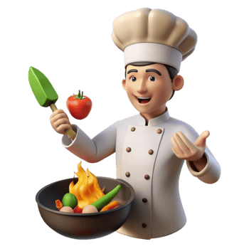 vibrant rustic 3D Cartoon Chef Cooking Vegetables Illustration high quality png
