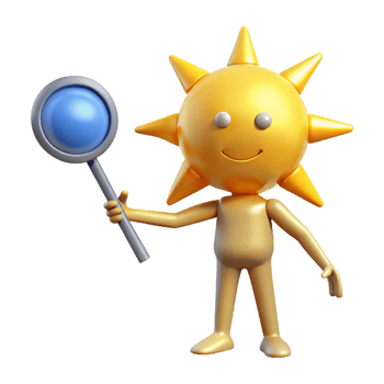 serene creative Cheerful 3D Sun Character with Magnifying Glass exclusive png