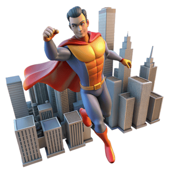 impressive creative 3D Superhero Soaring Over Cityscape Illustration authentic png