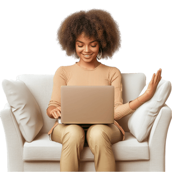 Woman sitting on a couch using a laptop looks happy and focused png
