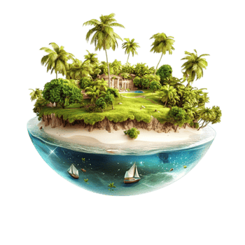 Floating tropical island with palm trees and blue water looks exotic and serene png