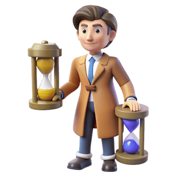dramatic traditional 3D Cartoon Man with Hourglasses Time Management Illustration professional png