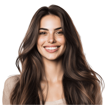 Smiling woman with long wavy hair looks happy and radiant png