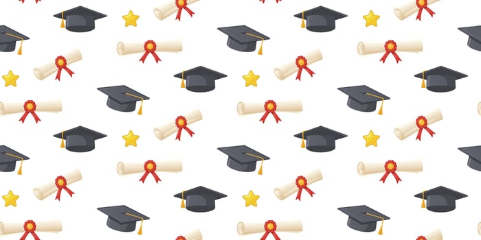 Graduation pattern. Seamless pattern with black graduation caps, diplomas, gold stars, and red ribbons on a white background. For greeting card, textiles, wallpaper, wrapping paper. vector