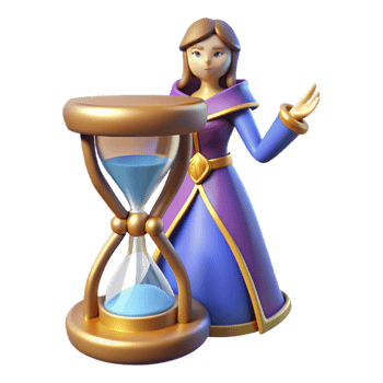 serene contemporary 3D Illustration Fantasy Princess and Hourglass 4K png