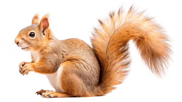 A squirrel perched on a branch, isolated with a transparent background, lit by soft natural light png