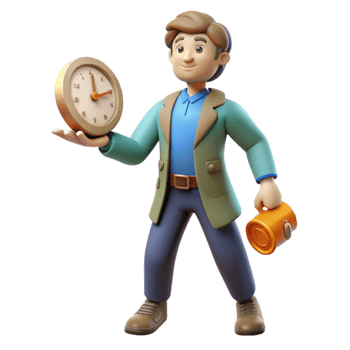 serene minimalist 3D Cartoon Man Holding Clock and Mug high resolution png