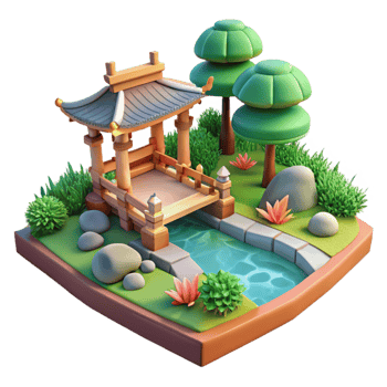 dramatic classic 3D Stylized Garden Scene with Pagoda professional png