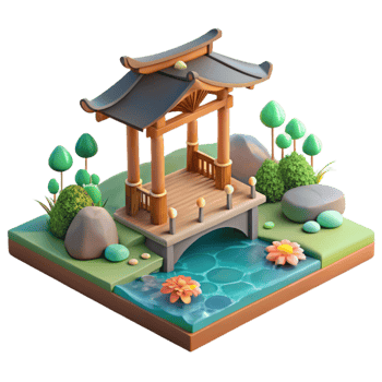 beautiful vintage 3D Render Peaceful Zen Garden Bridge original png
