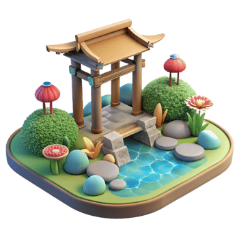 serene modern 3D Render Peaceful Garden Scene Pagoda, Pond, and Stones original png