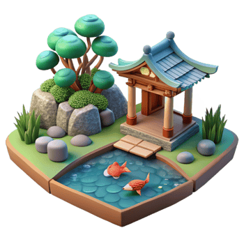 dramatic vintage 3D Stylized Zen Garden Illustration 4K png