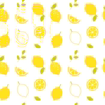 Lemon seamless pattern with whole lemons, half, slice, leaves branch. Summer fruit seamless pattern. Perfect for background, kitchen textile, fabric, packaging, wrapping paper and so on vector