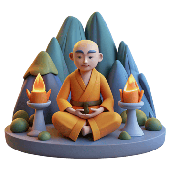 stunning abstract 3D Render Monk Meditating Mountains Candles detailed png