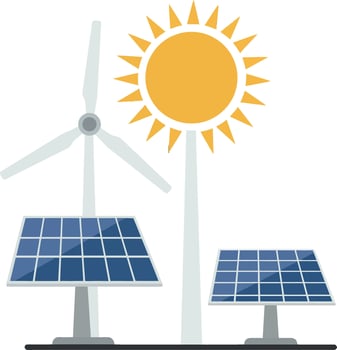 Solar panels and wind turbine under a bright sun in a minimal flat illustration showcasing renewable energy concepts vector