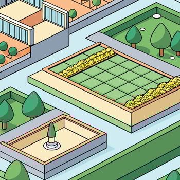 Isometric View of a Modern Garden Design Featuring Geometric Landscaping and Architectural Elements vector