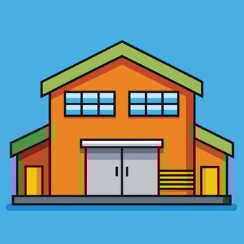 Cartoon Illustration of a Large Orange Building with Green Roof and Yellow Doors vector
