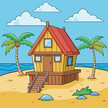 Cartoon Beach House on Tropical Island with Palm Trees and Blue Ocean vector