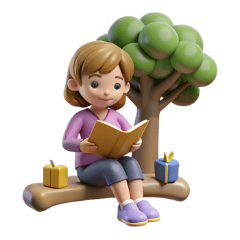 3D Render Girl Reading Book under Tree png