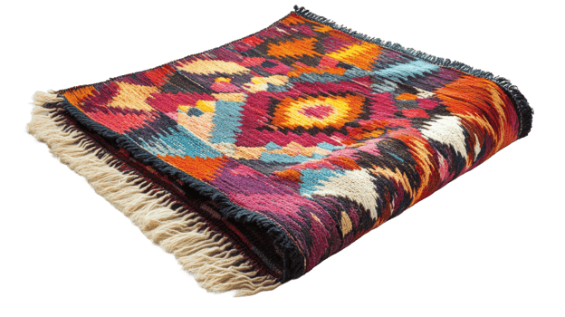 Colorful tribal rug display home interior textile cozy png