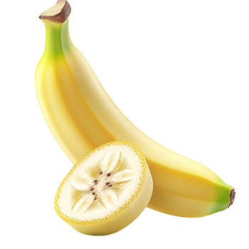 Ripe yellow banana with a sliced half revealing its texture looks and png
