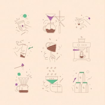 Coffee symbols set cup, pot, grinder, bean, machine, pot, mill, pack drawing in minimalist style on peach background vector