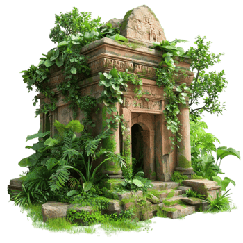 Ancient stone temple covered in green vines looks mysterious and abandoned png