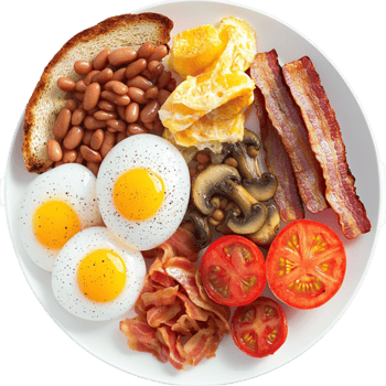 Hearty breakfast plate with eggs bacon and beans looks and filling png
