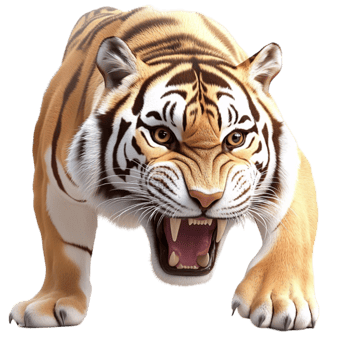 Roaring tiger with sharp teeth and intense eyes looks fierce and wild png