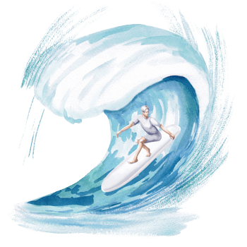 Guy on a surfboard in a T-shirt and shorts on a big wave. Isolated watercolor illustration on the theme of surfing for the design travel agencies, restaurants, sports magazines and websites. png