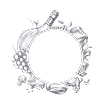 Round frame with cognac, nuts, grapes and glass. Isolated pencil illustration for posters, advertising posters, restaurant menu and bar card design, bottle labels. png