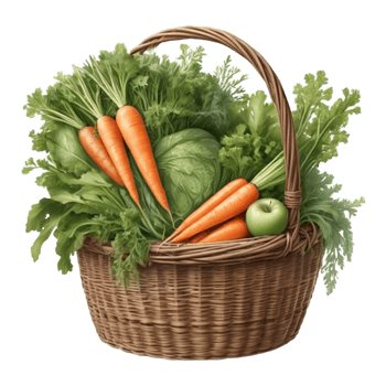 Illustrated wicker basket containing fresh carrots, leafy greens, and apple, representing healthy eating and fresh produce png