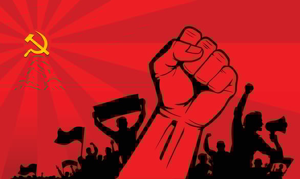 Raised fist street protest above crowd vector