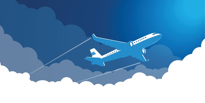airplane iflies to the right up in blue sky with clouds vector