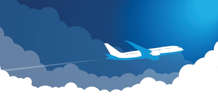 airplane flies to the right in blue sky with clouds vector