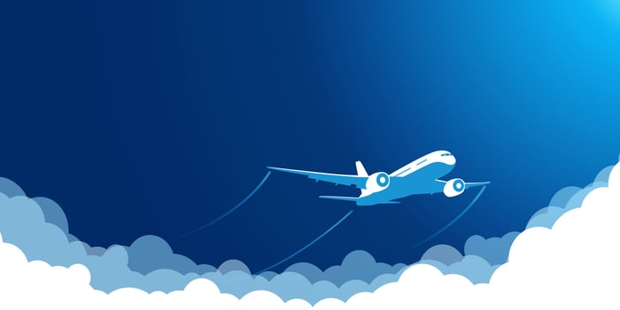 White plane in the blue sky flying above the clouds. vector