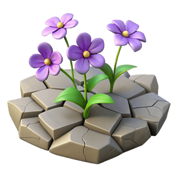 3D Render Purple Flowers Growing in Cracked Ground png