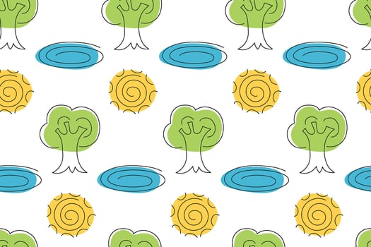 Colorful patterns of trees and sun with blue ponds on a white background vector