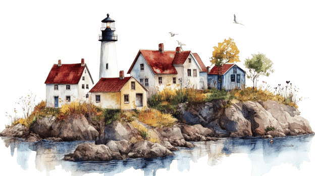 Coastal lighthouse view island homes watercolor serene landscape png